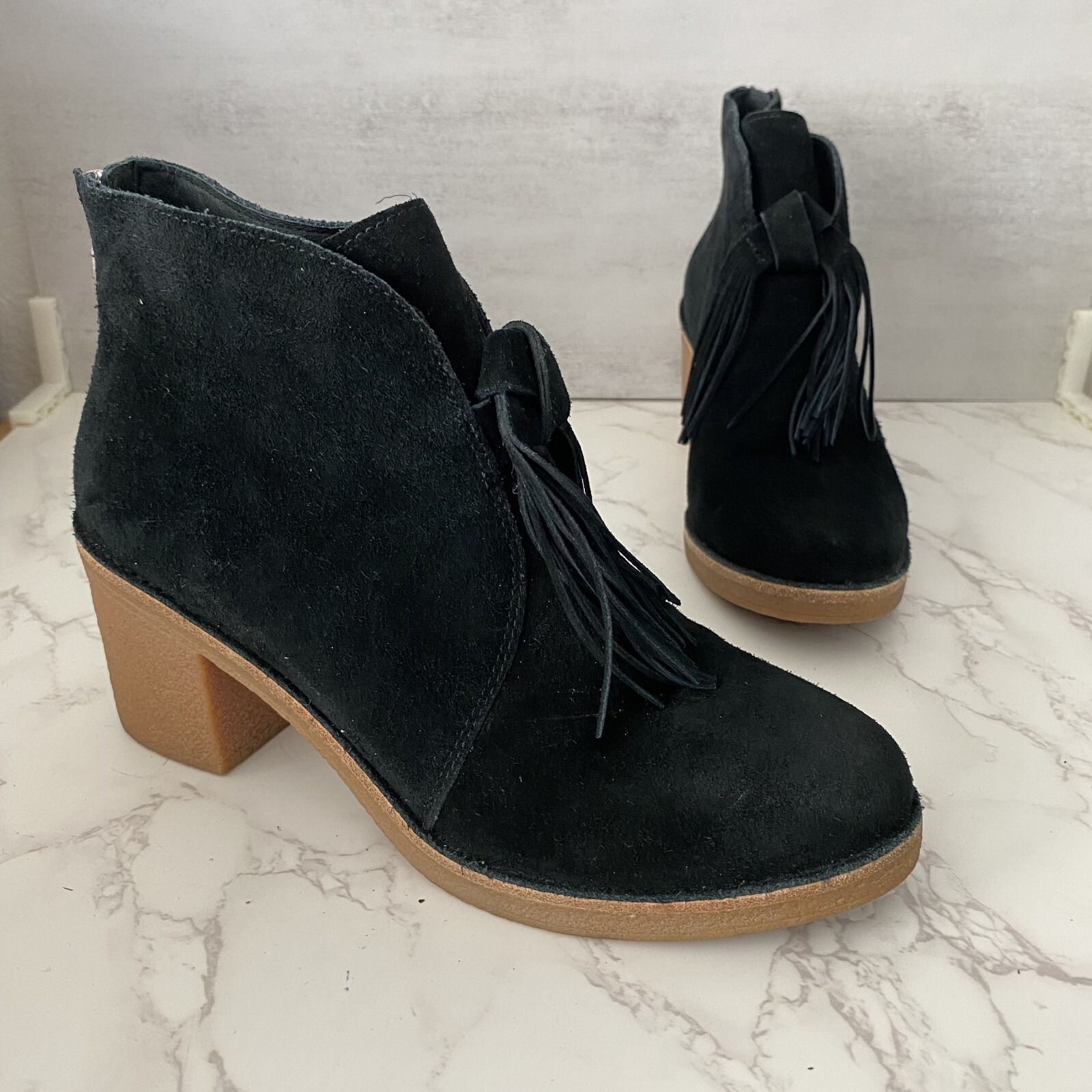 Ugg Corin Ankle Boot Women Sz 9 Black Suede Fringe Chunky Heel Zipper